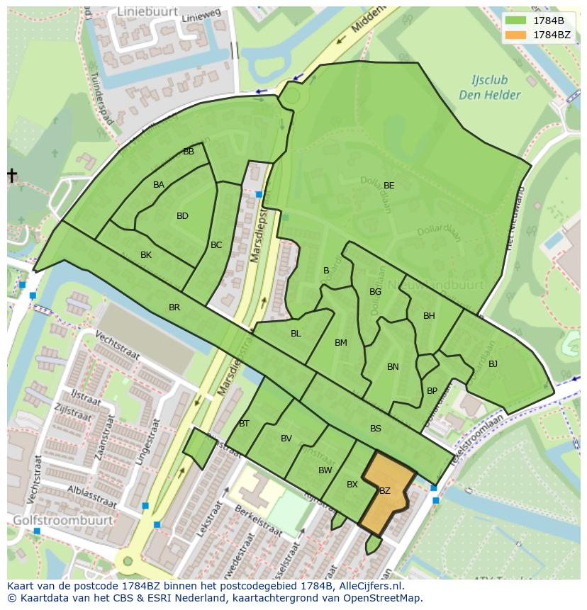 Afbeelding van het postcodegebied 1784 BZ op de kaart.