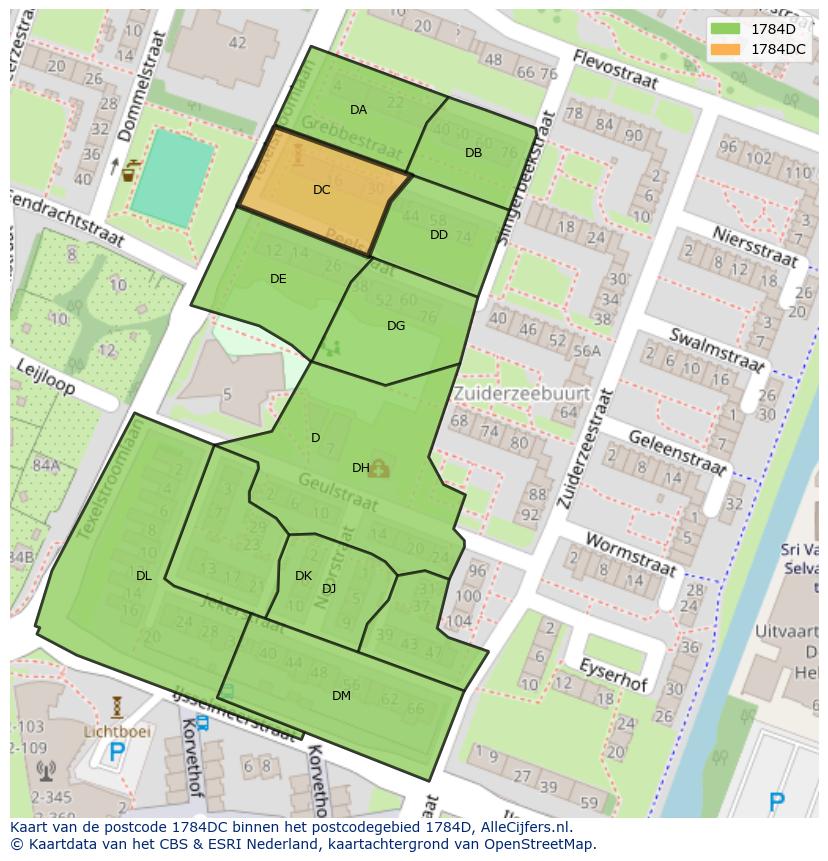 Afbeelding van het postcodegebied 1784 DC op de kaart.