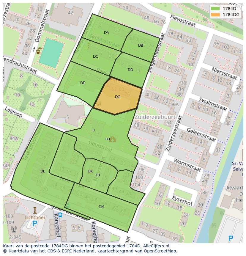 Afbeelding van het postcodegebied 1784 DG op de kaart.