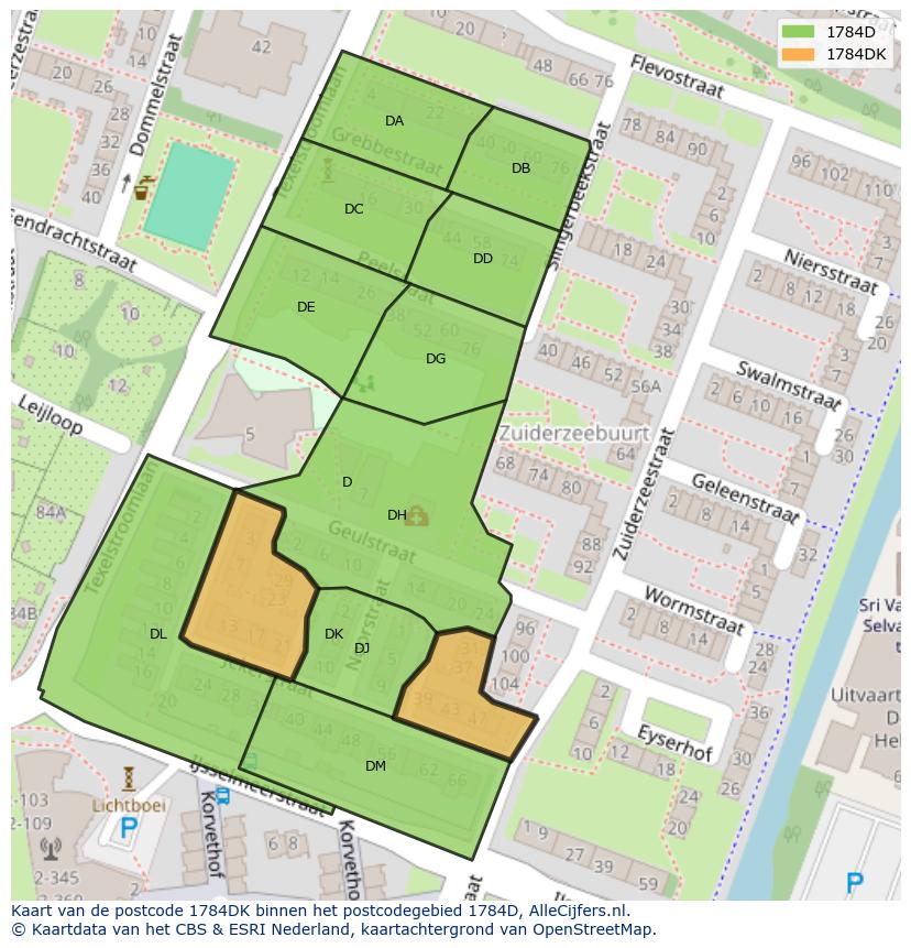 Afbeelding van het postcodegebied 1784 DK op de kaart.