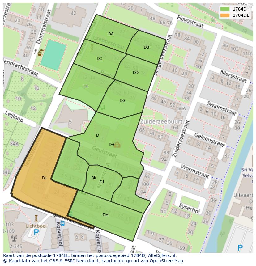 Afbeelding van het postcodegebied 1784 DL op de kaart.