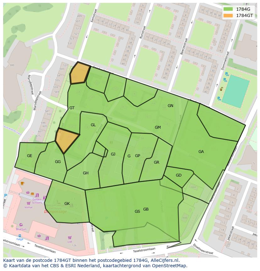 Afbeelding van het postcodegebied 1784 GT op de kaart.