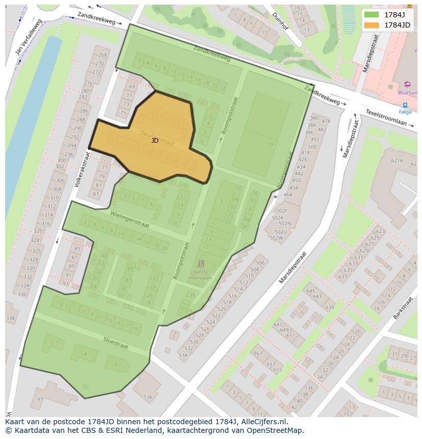 Afbeelding van het postcodegebied 1784 JD op de kaart.