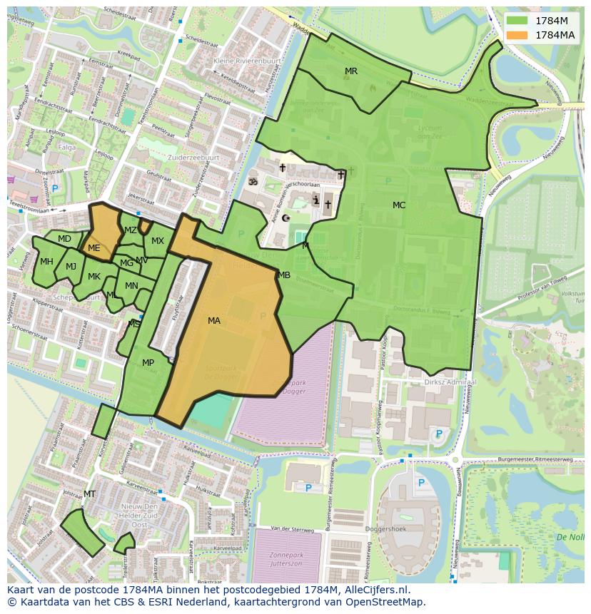 Afbeelding van het postcodegebied 1784 MA op de kaart.