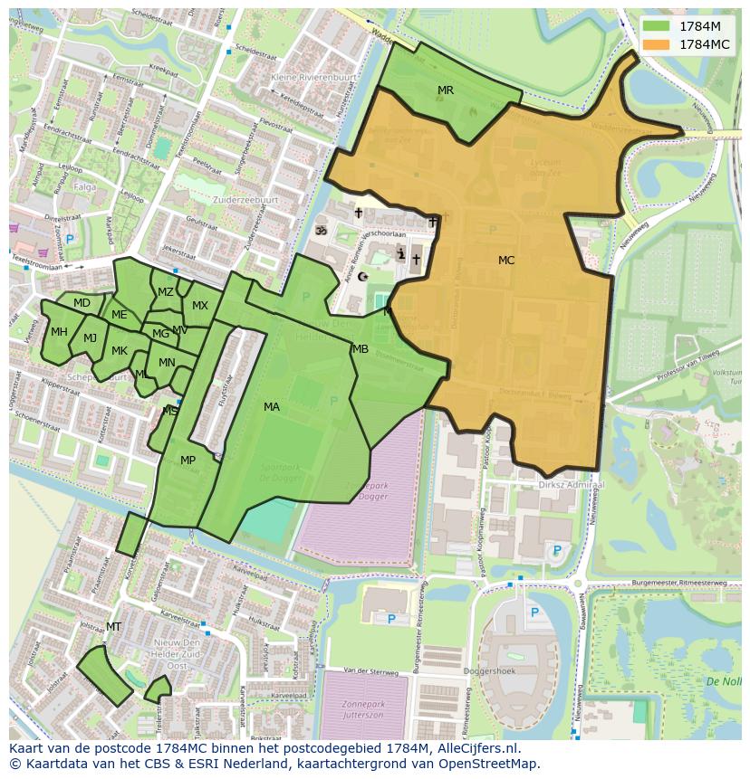 Afbeelding van het postcodegebied 1784 MC op de kaart.