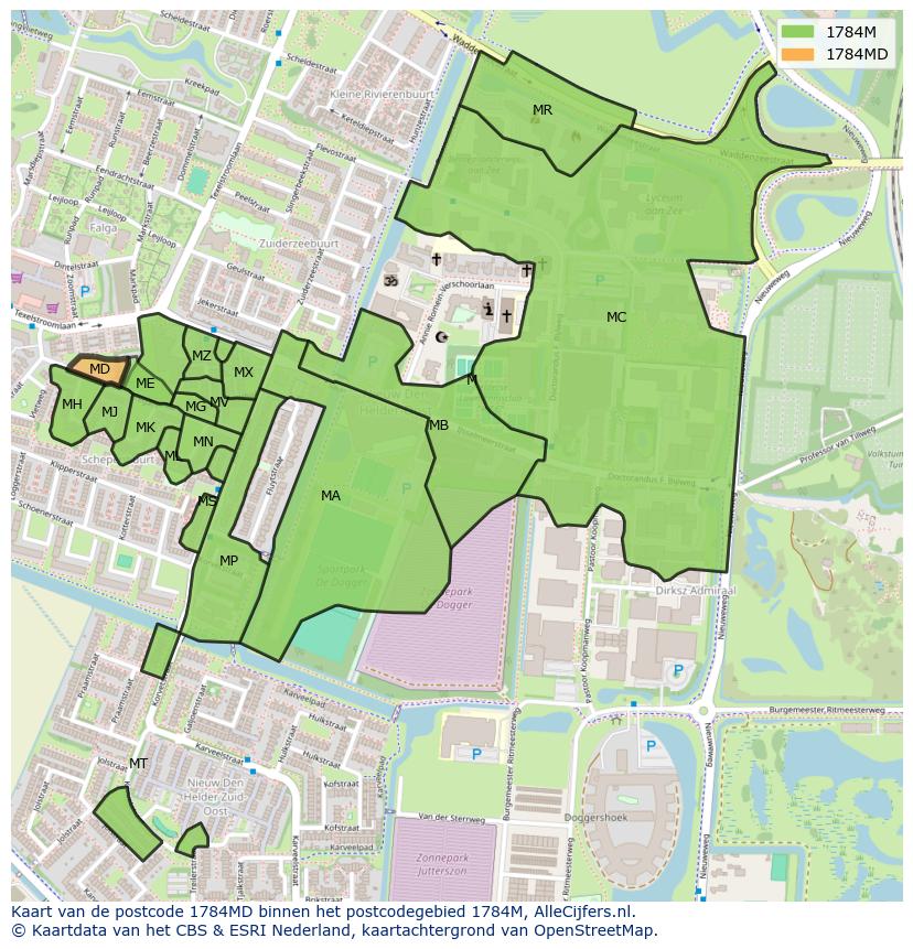 Afbeelding van het postcodegebied 1784 MD op de kaart.
