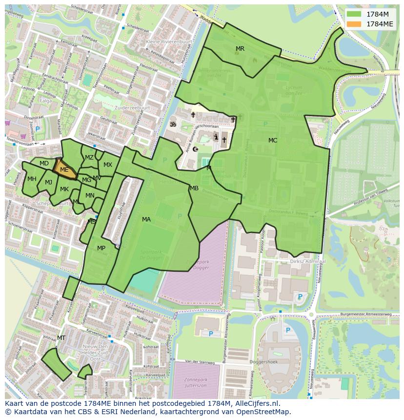 Afbeelding van het postcodegebied 1784 ME op de kaart.