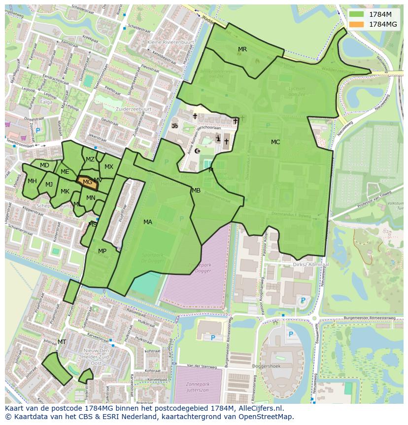 Afbeelding van het postcodegebied 1784 MG op de kaart.