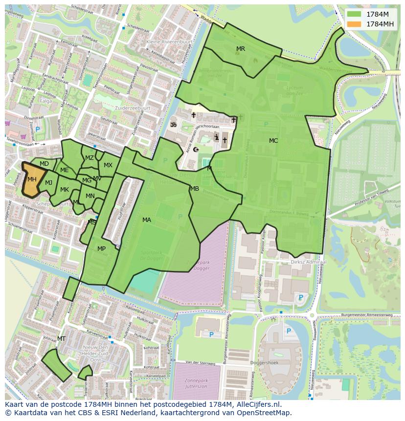 Afbeelding van het postcodegebied 1784 MH op de kaart.
