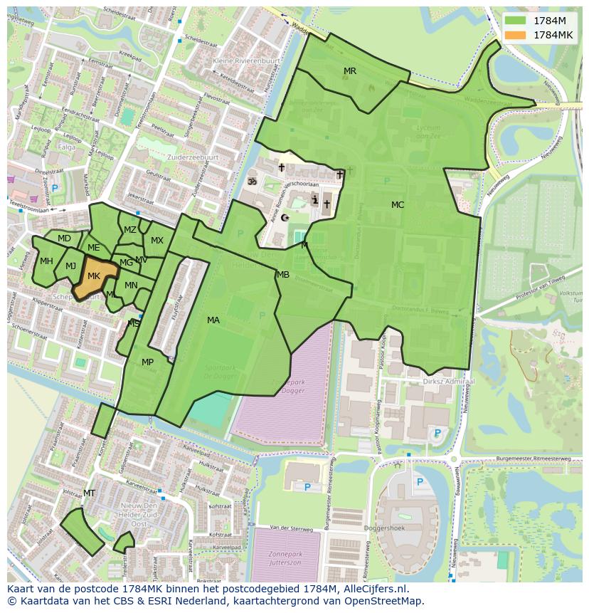 Afbeelding van het postcodegebied 1784 MK op de kaart.