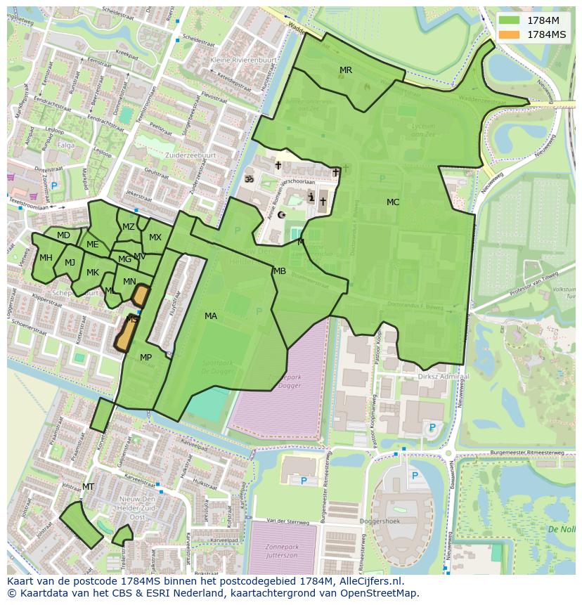 Afbeelding van het postcodegebied 1784 MS op de kaart.