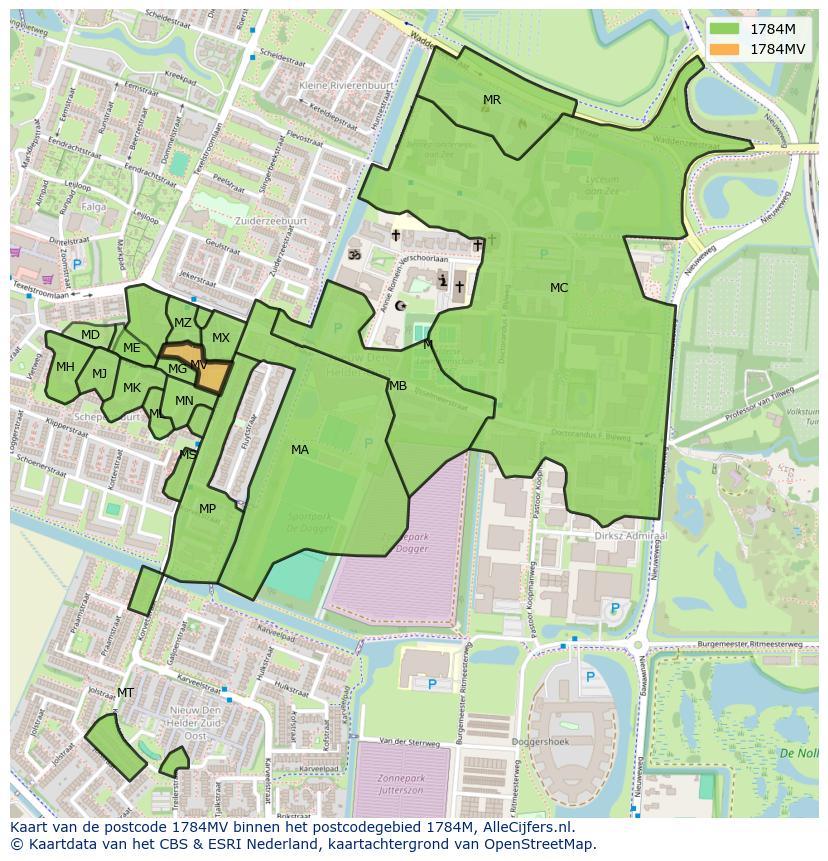 Afbeelding van het postcodegebied 1784 MV op de kaart.