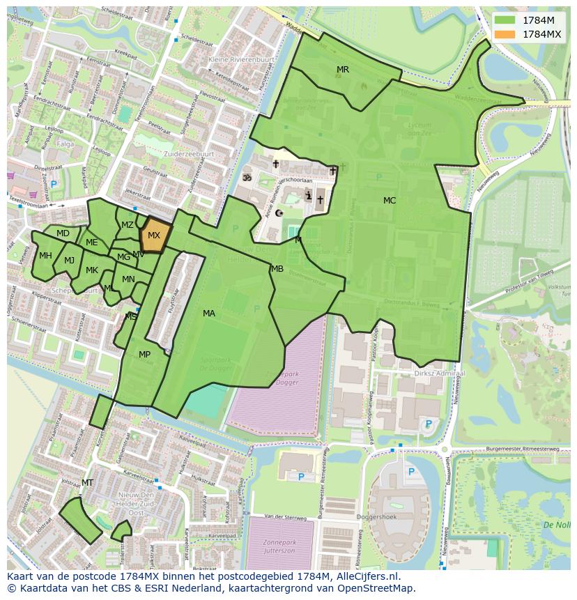 Afbeelding van het postcodegebied 1784 MX op de kaart.