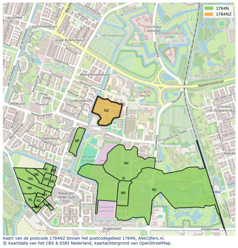 Afbeelding van het postcodegebied 1784 NZ op de kaart.