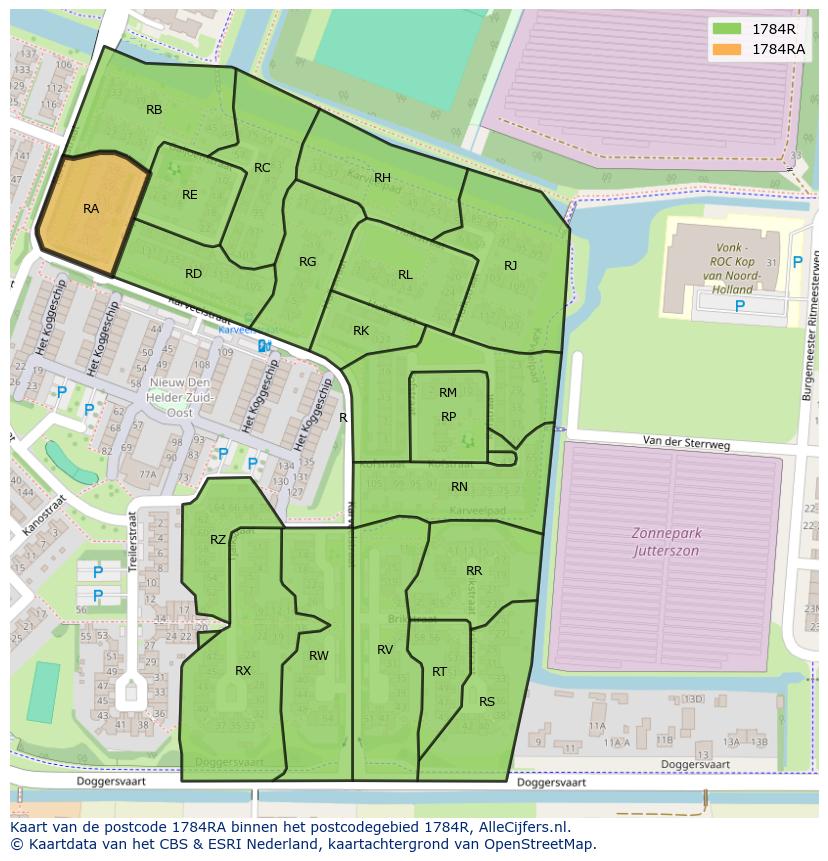 Afbeelding van het postcodegebied 1784 RA op de kaart.