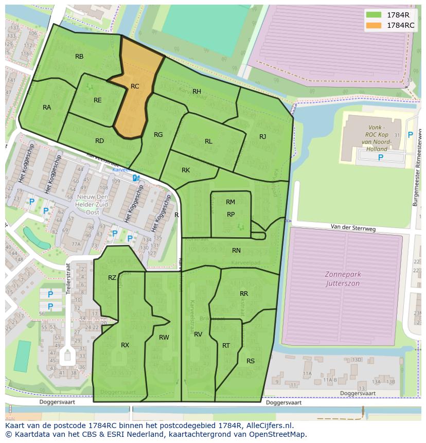 Afbeelding van het postcodegebied 1784 RC op de kaart.