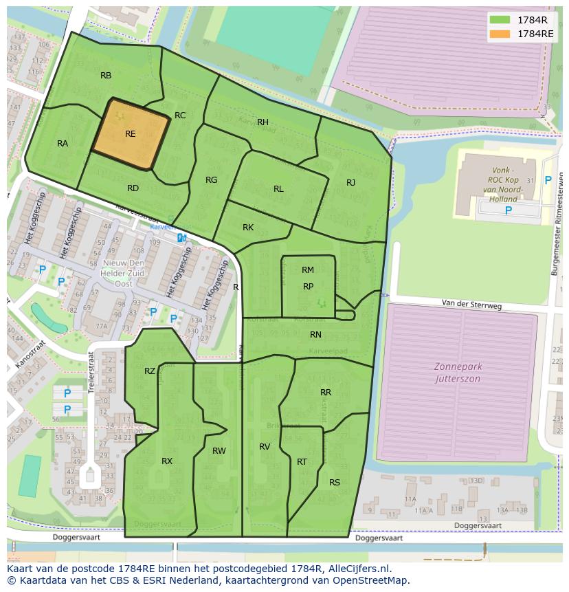 Afbeelding van het postcodegebied 1784 RE op de kaart.
