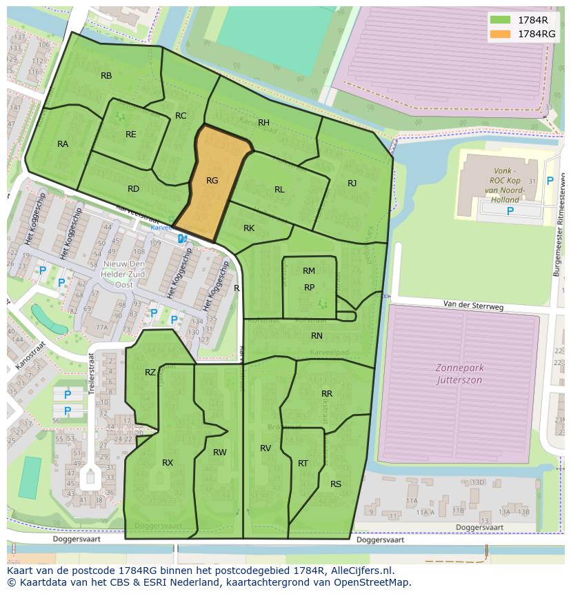 Afbeelding van het postcodegebied 1784 RG op de kaart.