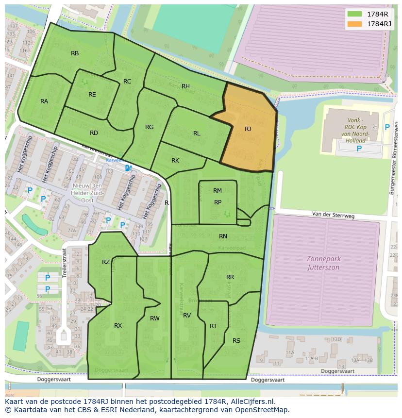 Afbeelding van het postcodegebied 1784 RJ op de kaart.