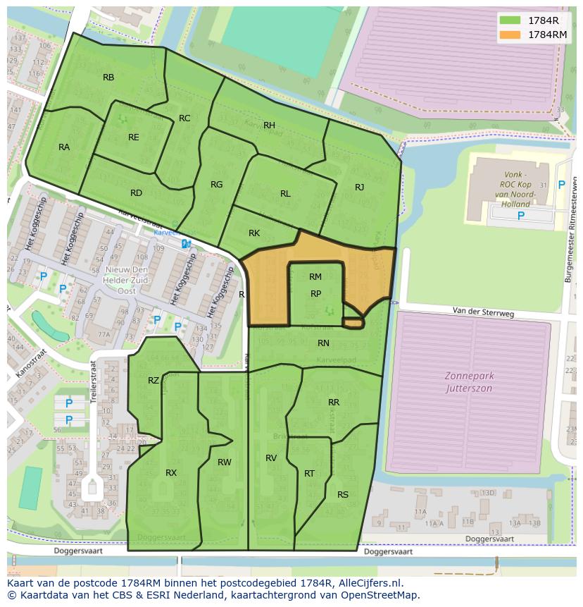 Afbeelding van het postcodegebied 1784 RM op de kaart.