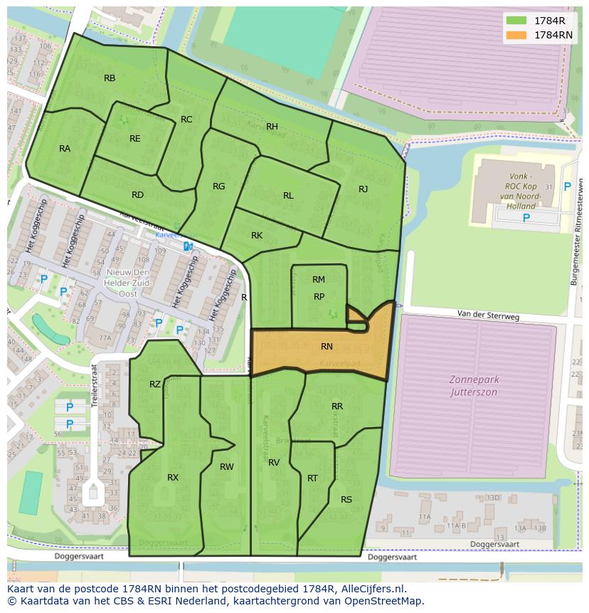Afbeelding van het postcodegebied 1784 RN op de kaart.