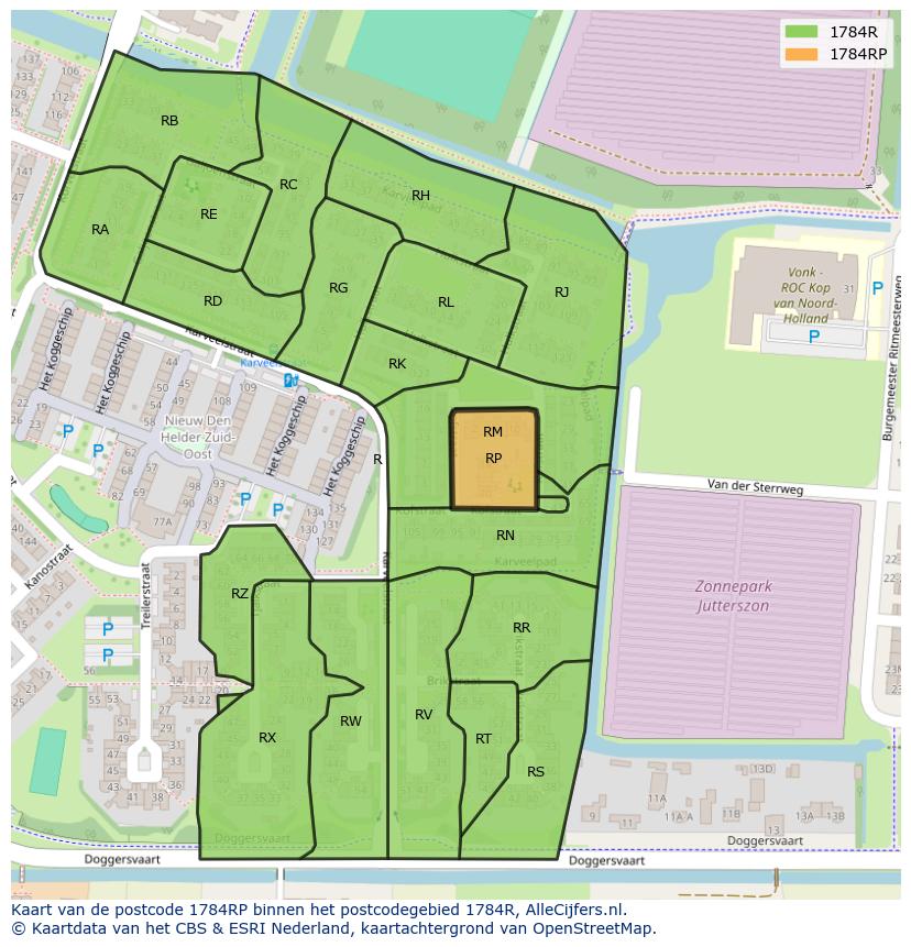 Afbeelding van het postcodegebied 1784 RP op de kaart.