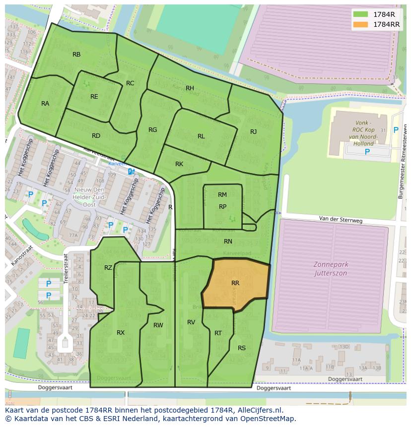 Afbeelding van het postcodegebied 1784 RR op de kaart.