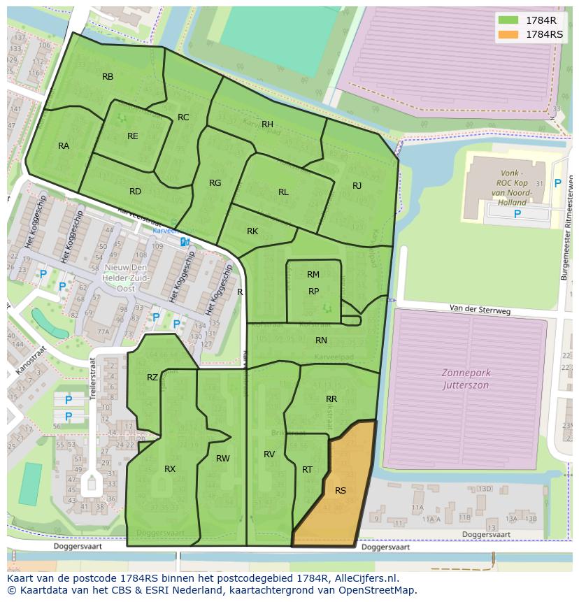 Afbeelding van het postcodegebied 1784 RS op de kaart.