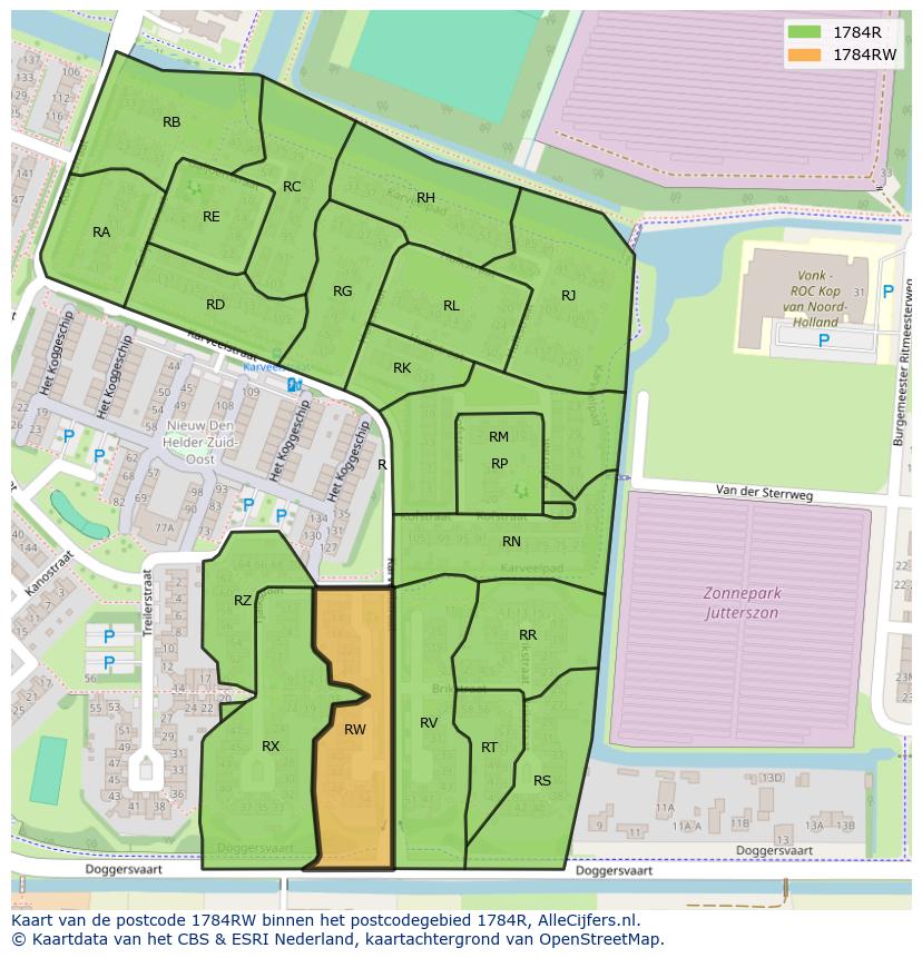 Afbeelding van het postcodegebied 1784 RW op de kaart.