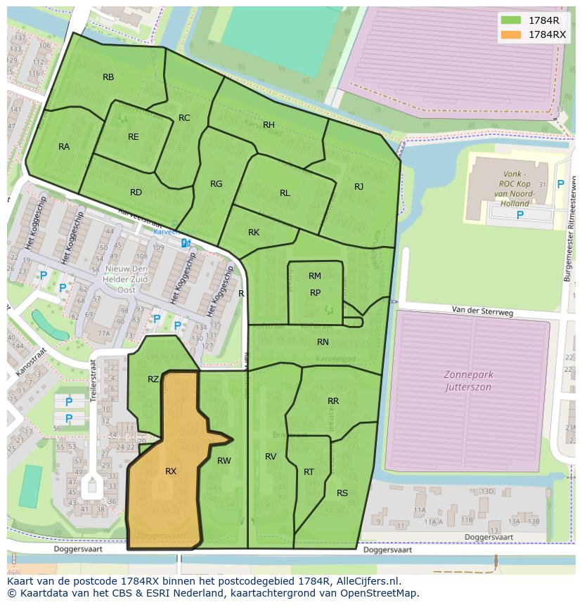 Afbeelding van het postcodegebied 1784 RX op de kaart.