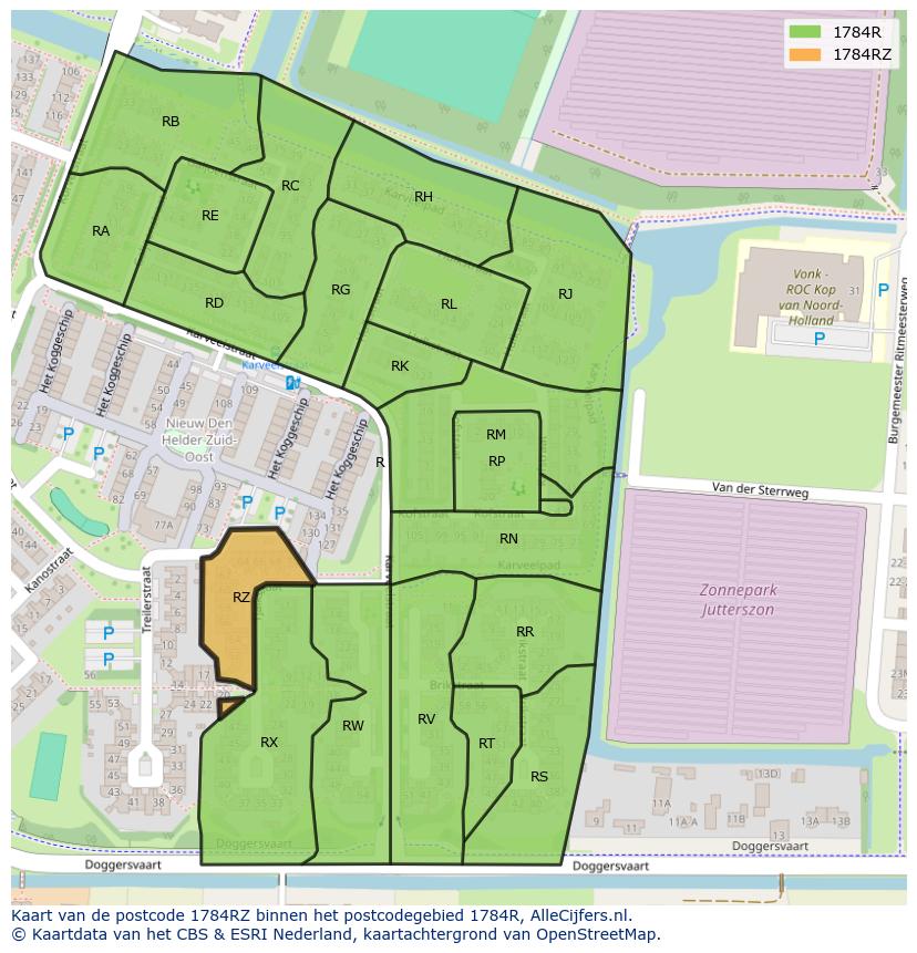Afbeelding van het postcodegebied 1784 RZ op de kaart.