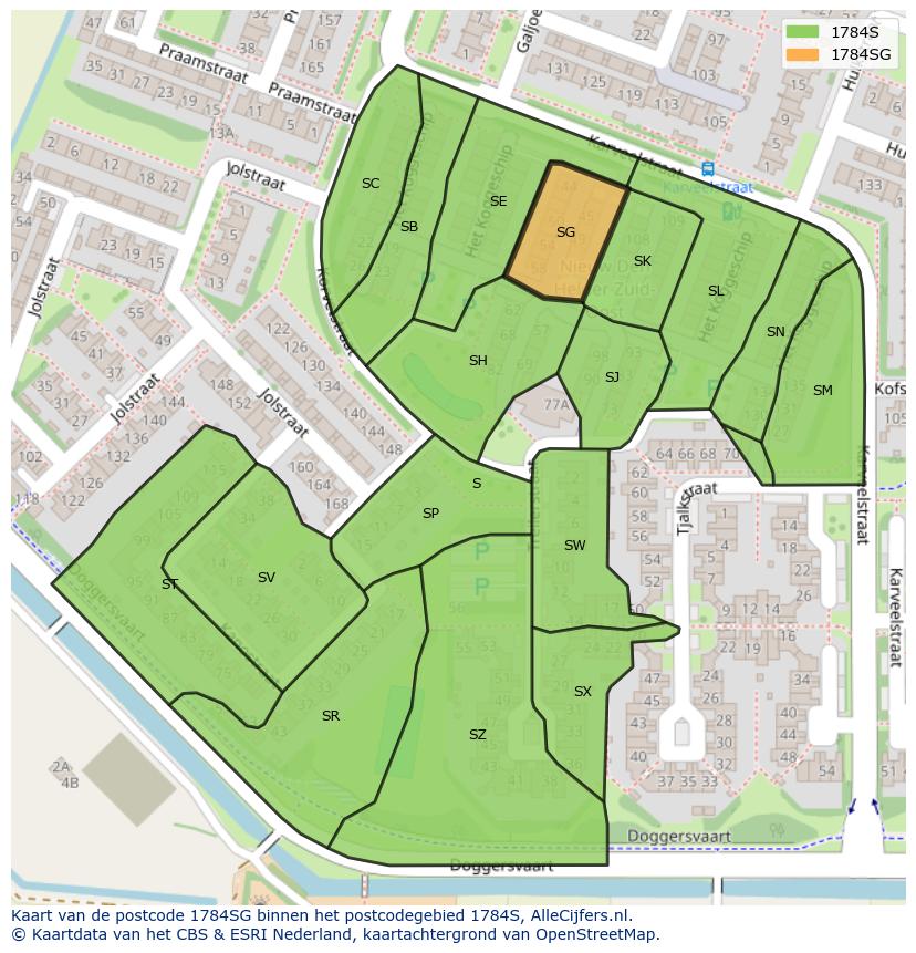 Afbeelding van het postcodegebied 1784 SG op de kaart.
