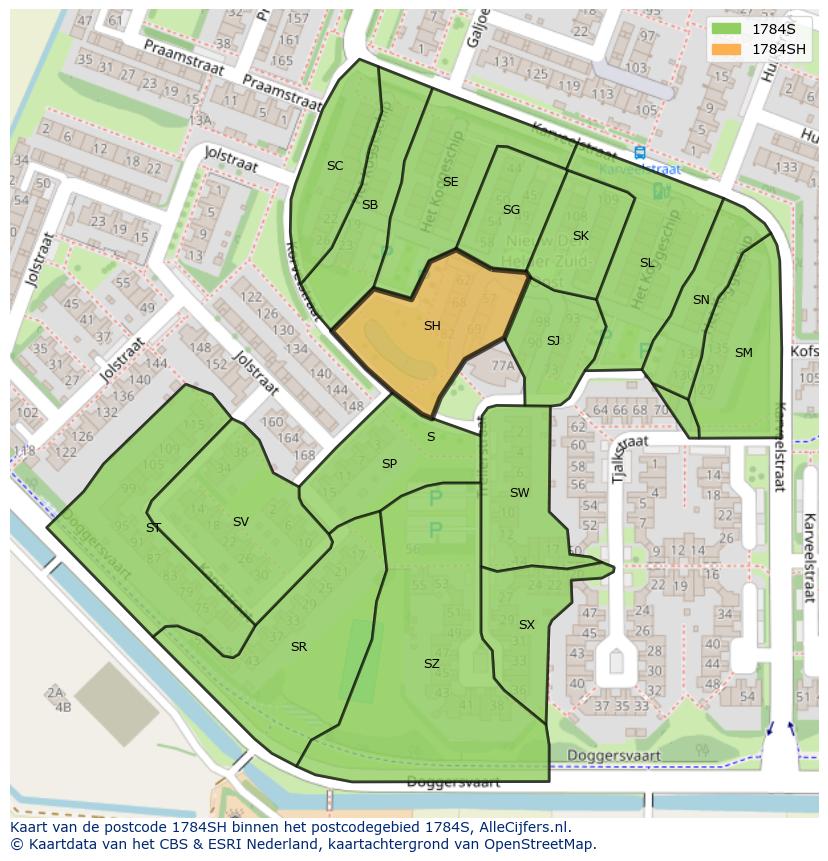 Afbeelding van het postcodegebied 1784 SH op de kaart.