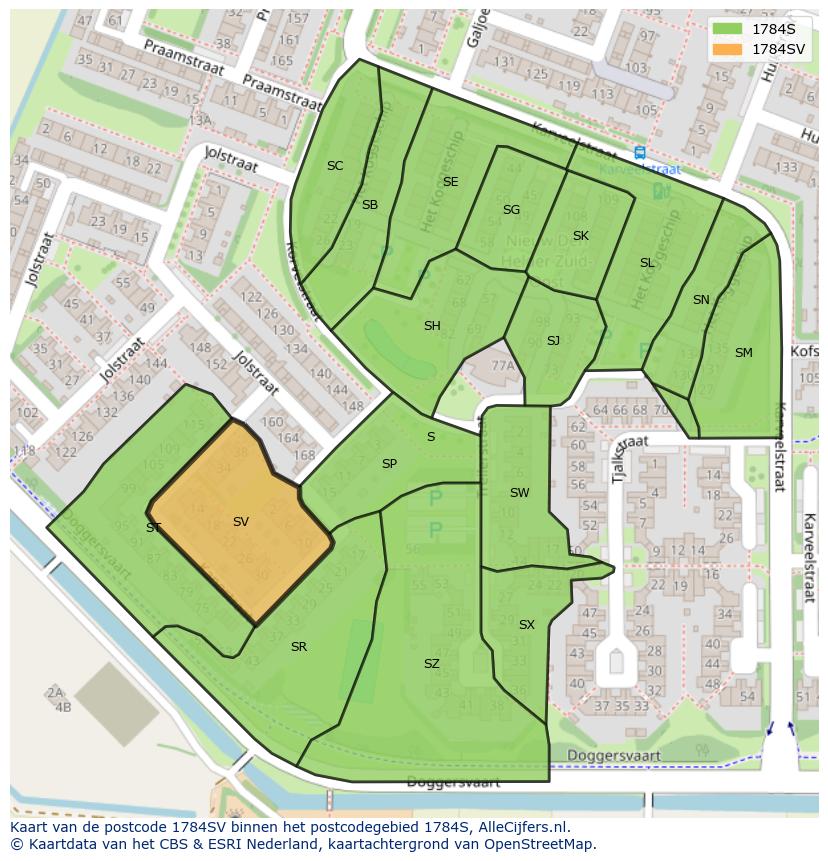 Afbeelding van het postcodegebied 1784 SV op de kaart.
