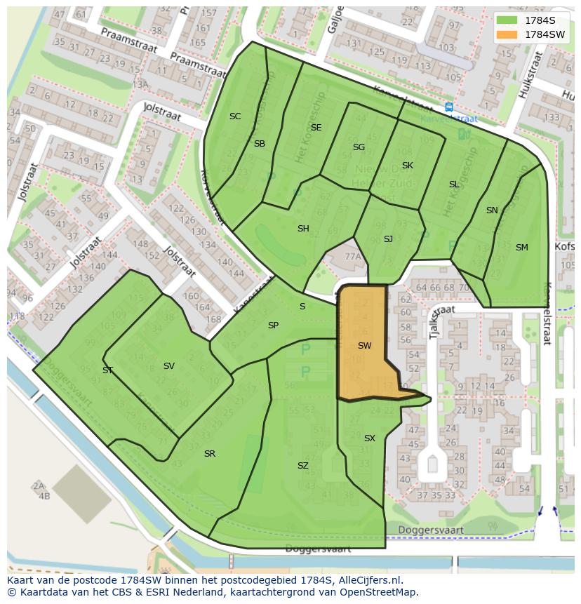 Afbeelding van het postcodegebied 1784 SW op de kaart.