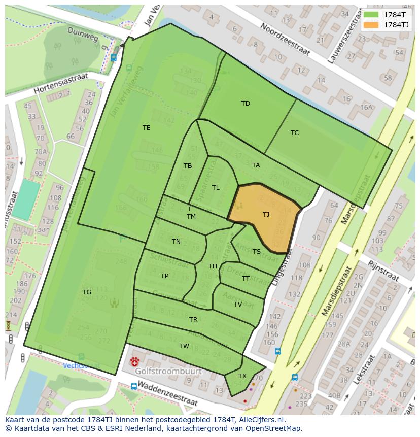 Afbeelding van het postcodegebied 1784 TJ op de kaart.