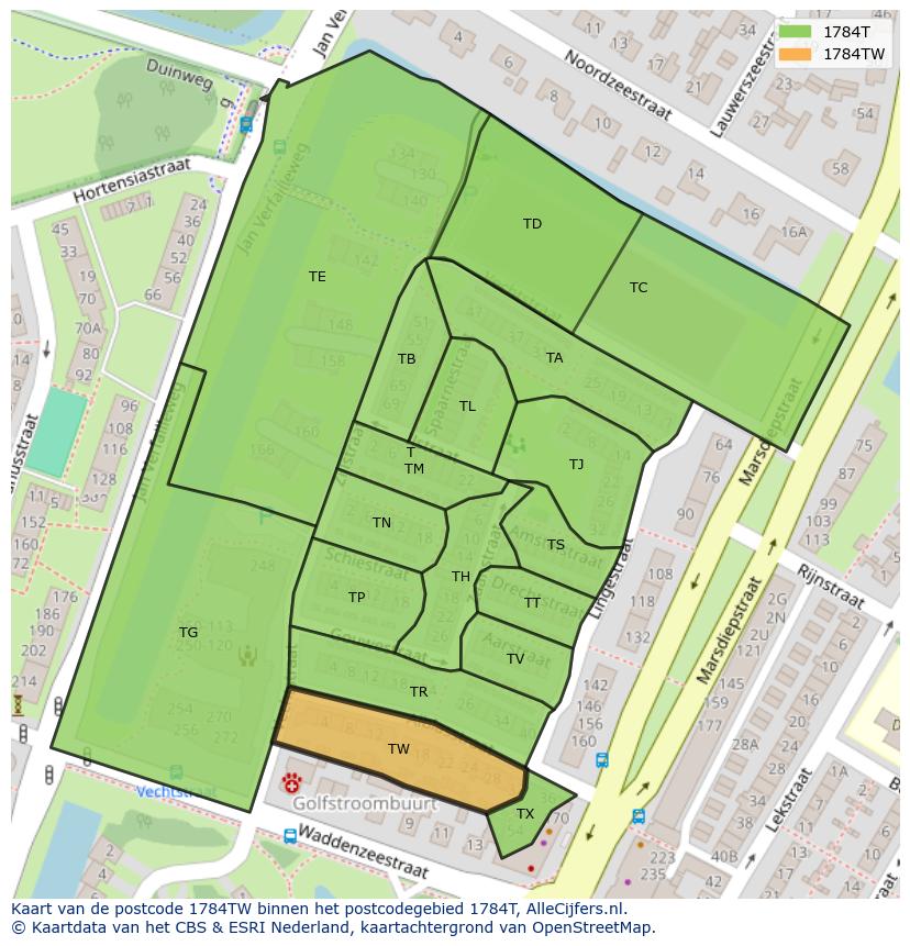 Afbeelding van het postcodegebied 1784 TW op de kaart.