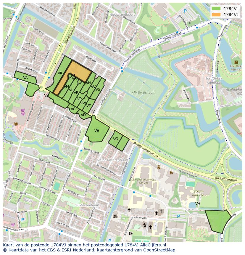 Afbeelding van het postcodegebied 1784 VJ op de kaart.