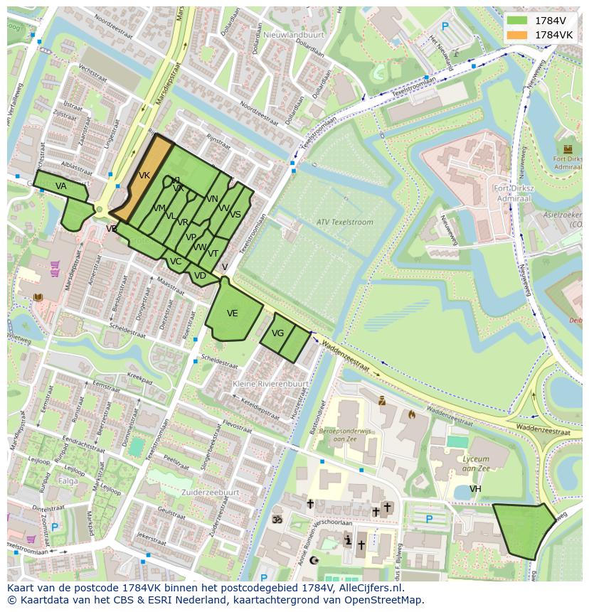 Afbeelding van het postcodegebied 1784 VK op de kaart.