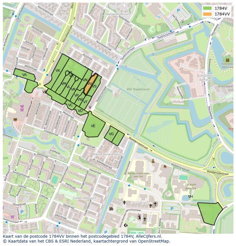 Afbeelding van het postcodegebied 1784 VV op de kaart.