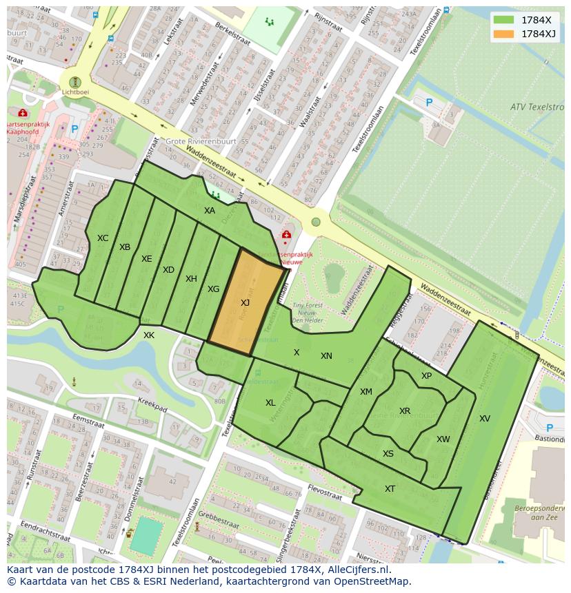 Afbeelding van het postcodegebied 1784 XJ op de kaart.