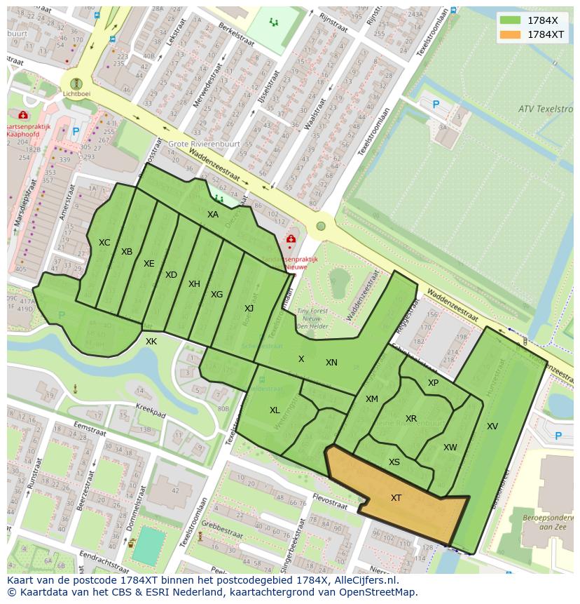 Afbeelding van het postcodegebied 1784 XT op de kaart.
