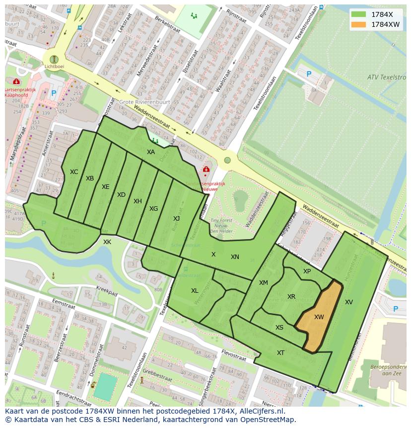 Afbeelding van het postcodegebied 1784 XW op de kaart.