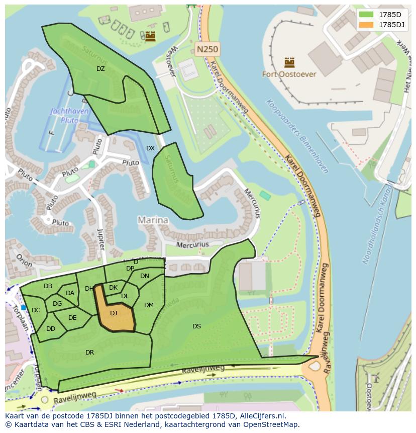 Afbeelding van het postcodegebied 1785 DJ op de kaart.