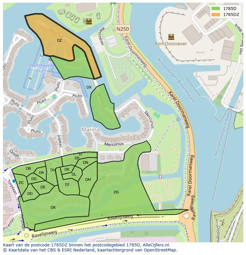 Afbeelding van het postcodegebied 1785 DZ op de kaart.