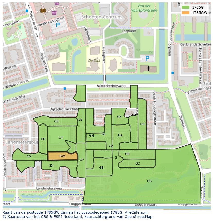 Afbeelding van het postcodegebied 1785 GW op de kaart.