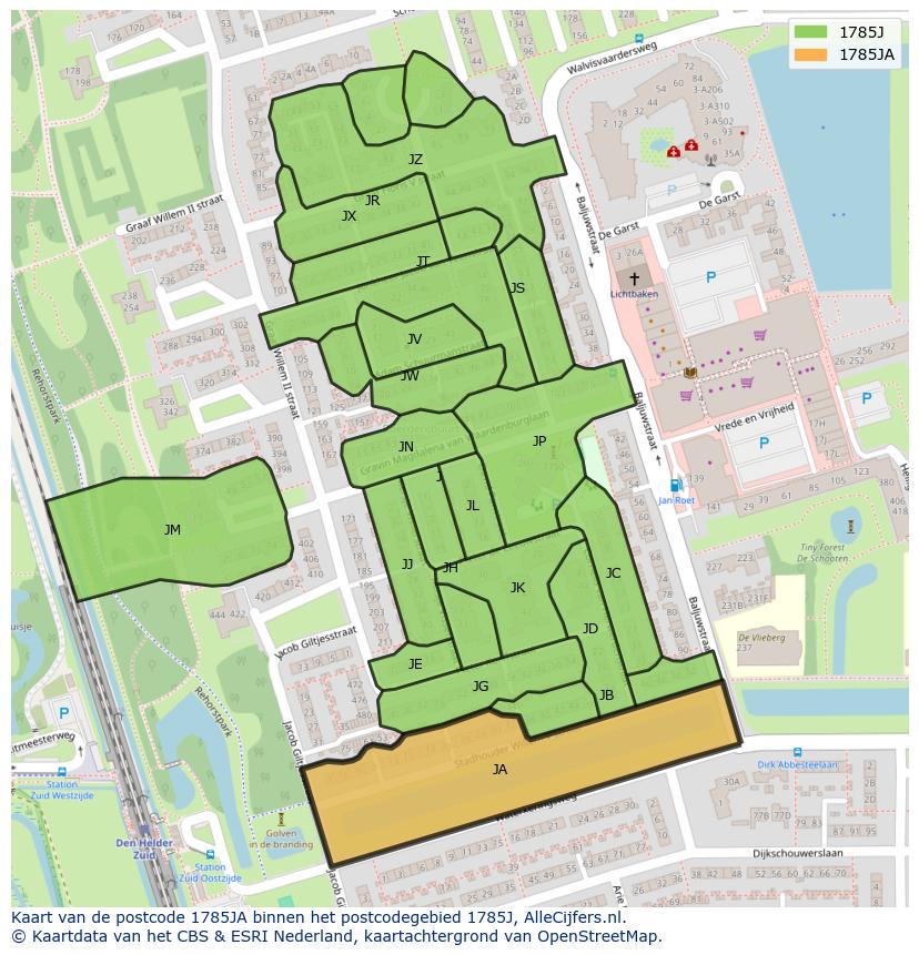 Afbeelding van het postcodegebied 1785 JA op de kaart.