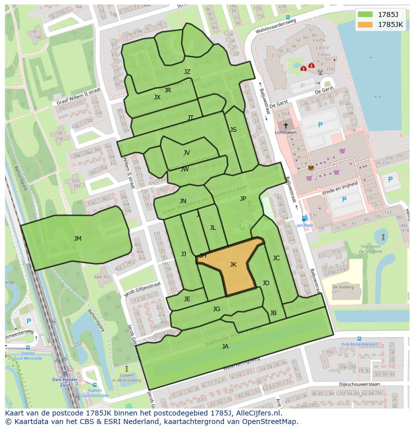 Afbeelding van het postcodegebied 1785 JK op de kaart.