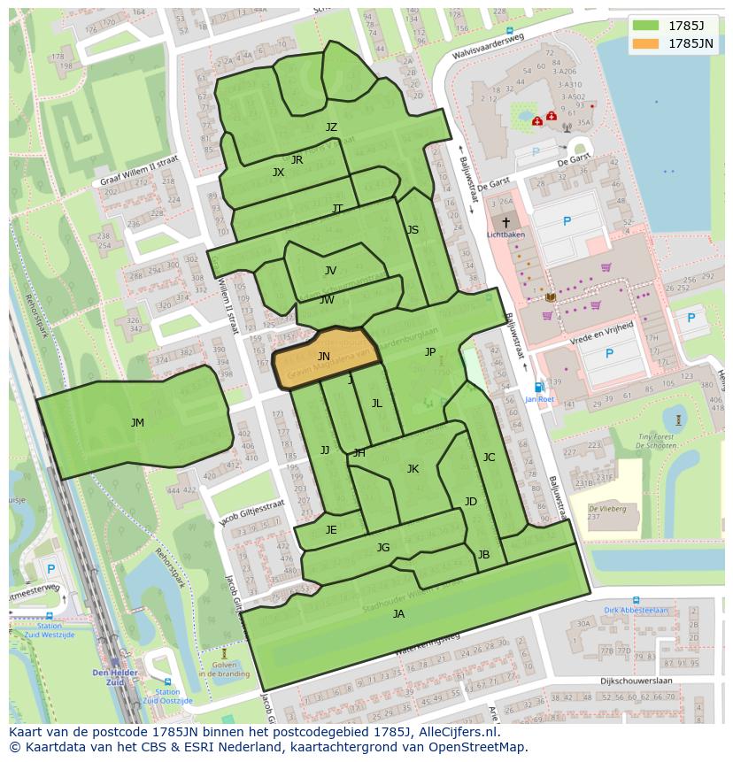 Afbeelding van het postcodegebied 1785 JN op de kaart.