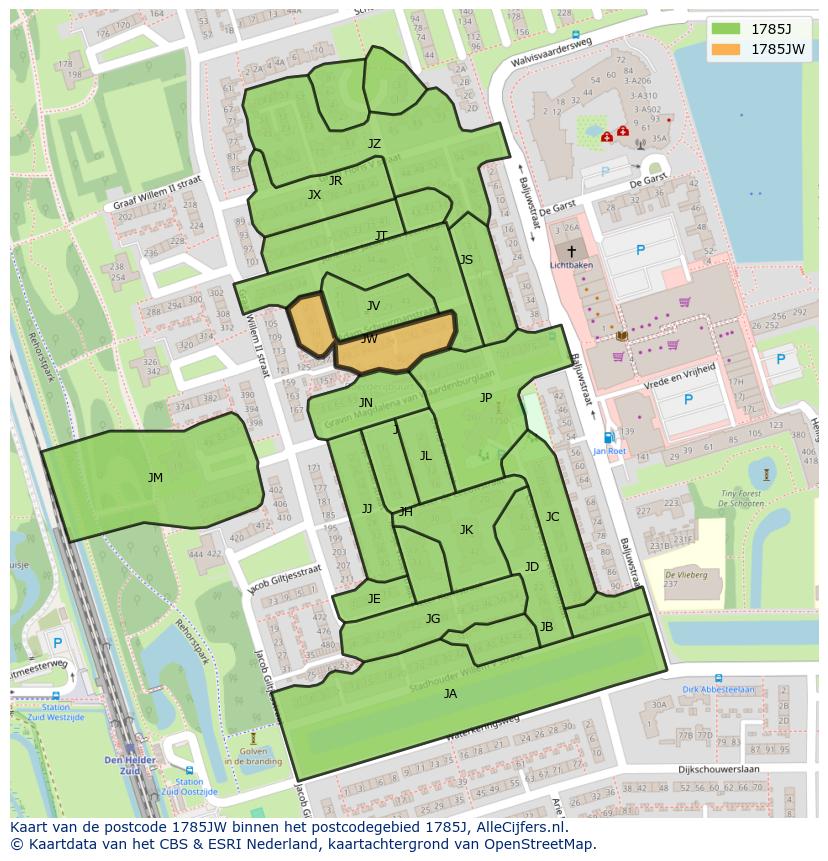 Afbeelding van het postcodegebied 1785 JW op de kaart.